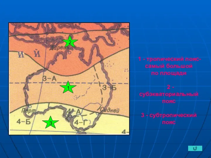 1 - тропический пояс- самый большой по площади 2 - субэкваториальный