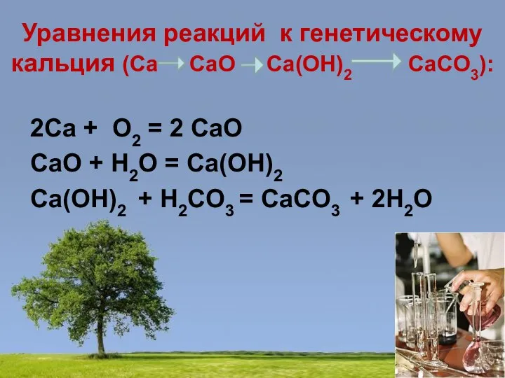 Уравнения реакций к генетическому кальция (Ca CaO Ca(OH)2 CaCO3): 2Ca +