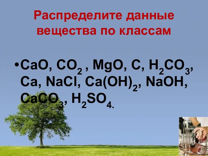 Распределите данные вещества по классам CaO, CO2 , MgO, C, H2CO3,