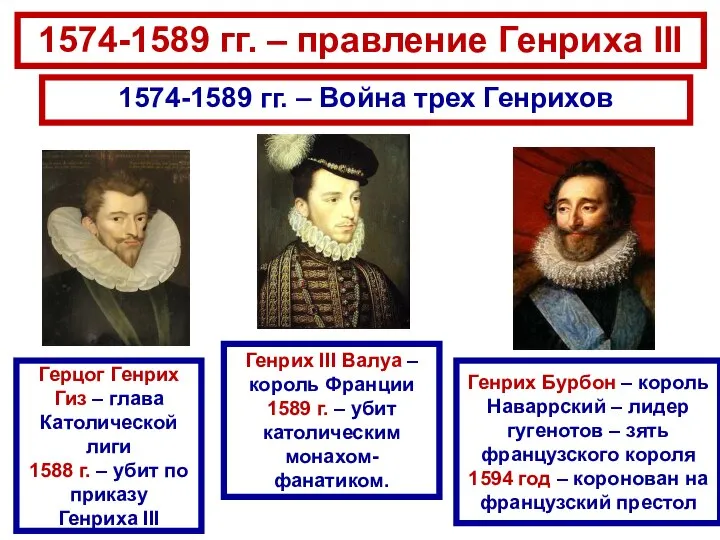 1574-1589 гг. – правление Генриха III 1574-1589 гг. – Война трех