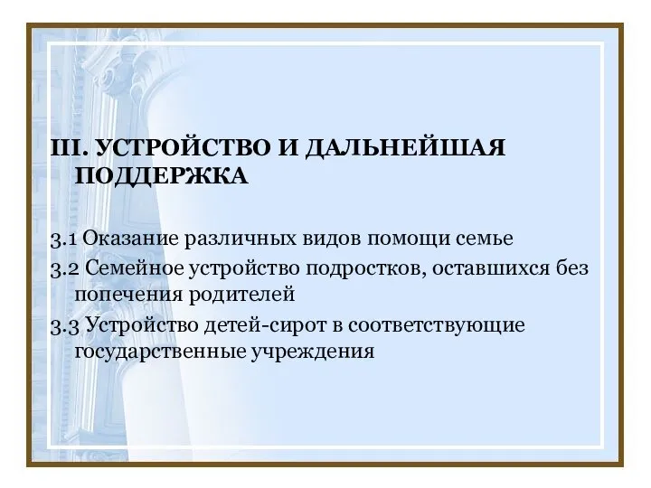 III. УСТРОЙСТВО И ДАЛЬНЕЙШАЯ ПОДДЕРЖКА 3.1 Оказание различных видов помощи семье