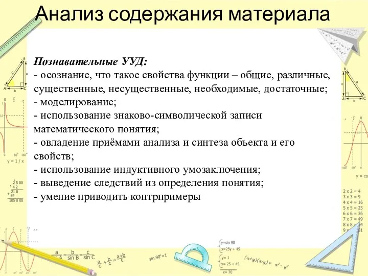 Анализ содержания материала Познавательные УУД: - осознание, что такое свойства функции