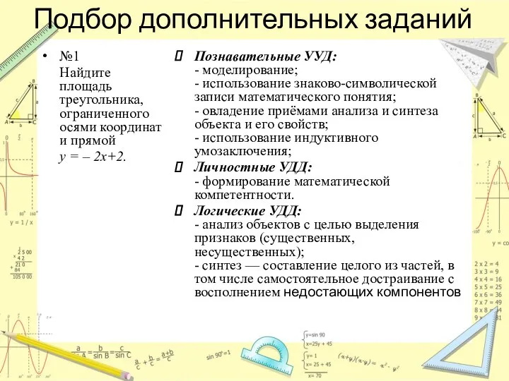 Подбор дополнительных заданий №1 Найдите площадь треугольника, ограниченного осями координат и