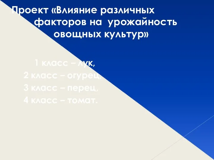 Проект «Влияние различных факторов на урожайность овощных культур» 1 класс –