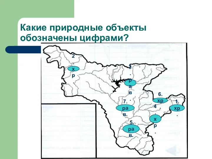 Какие природные объекты обозначены цифрами? 1.хр. 2.хр. 3.рав. 4. хр. 5.рав. 6.хр. 7.рав.