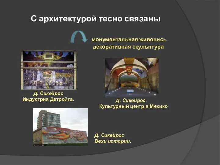 С архитектурой тесно связаны монументальная живопись декоративная скульптура Д. Сикейрос Индустрия