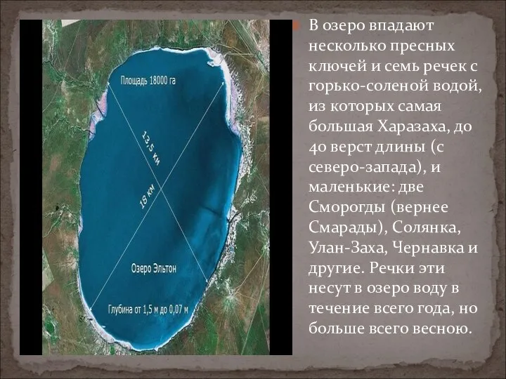 В озеро впадают несколько пресных ключей и семь речек с горько-соленой