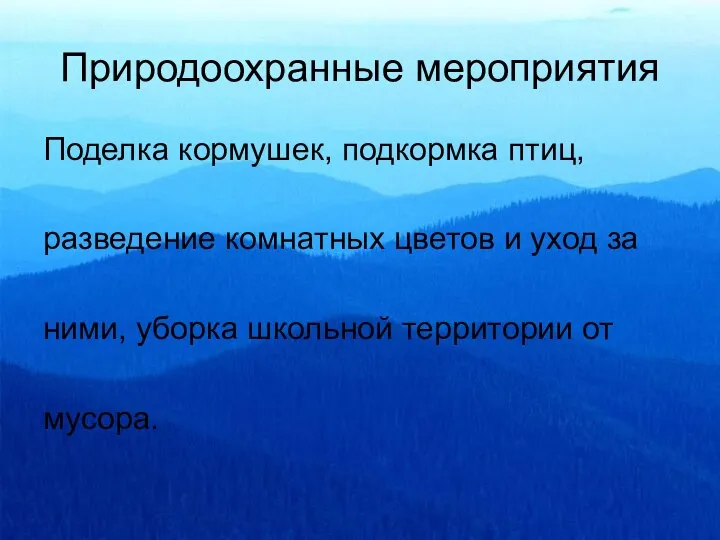 Природоохранные мероприятия Поделка кормушек, подкормка птиц, разведение комнатных цветов и уход