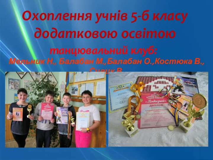 Охоплення учнів 5-б класу додатковою освітою танцювальний клуб: Мельник Н., Балабан М.,Балабан О.,Костюка В.,Сивик В.