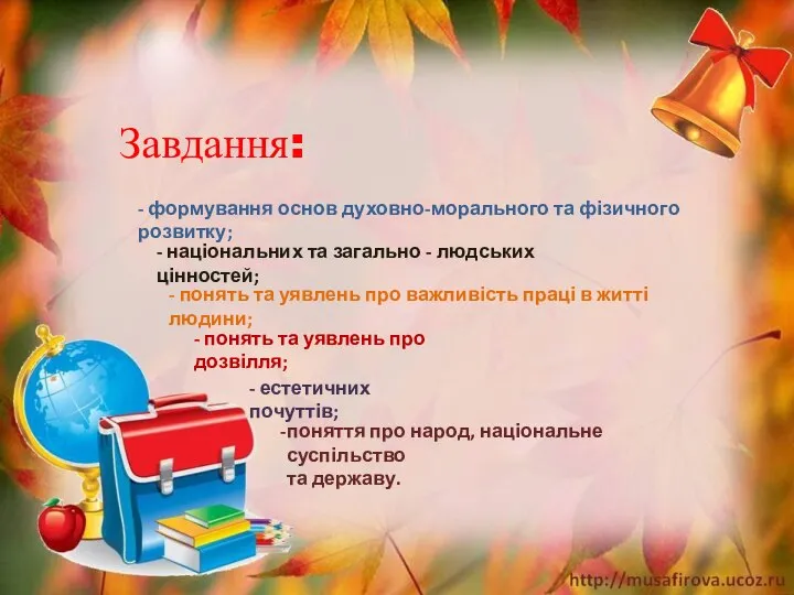 Завдання: - формування основ духовно-морального та фізичного розвитку; - національних та