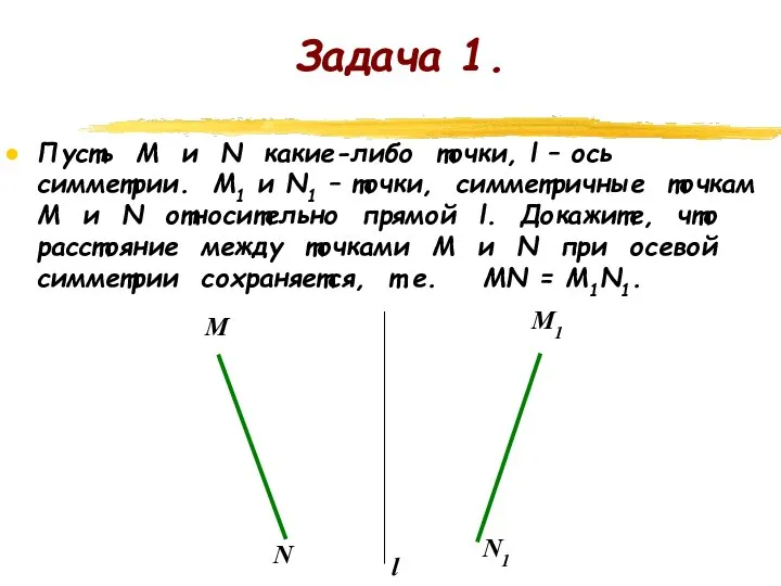 Задача 1. Пусть М и N какие-либо точки, l – ось