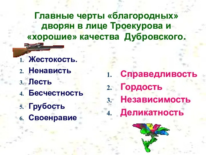 Главные черты «благородных» дворян в лице Троекурова и «хорошие» качества Дубровского.