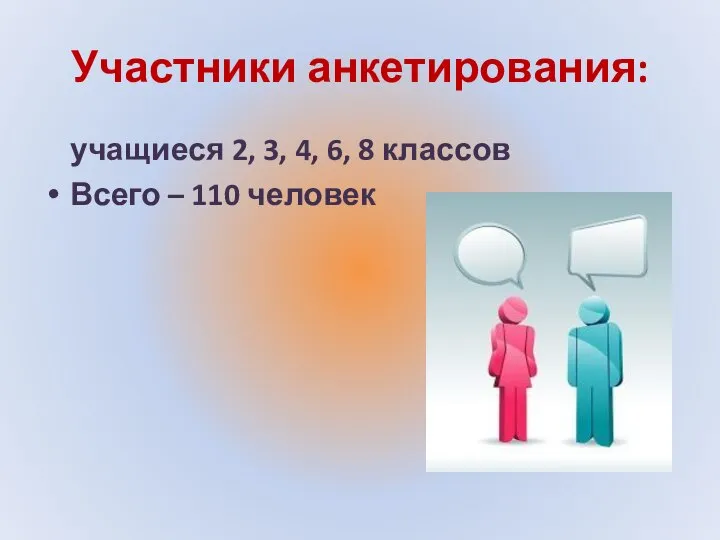 Участники анкетирования: учащиеся 2, 3, 4, 6, 8 классов Всего – 110 человек