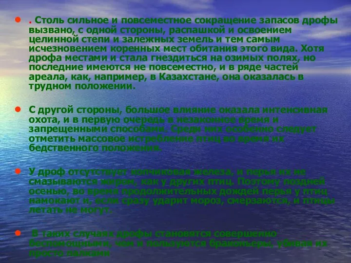 . Столь сильное и повсеместное сокращение запасов дрофы вызвано, с одной