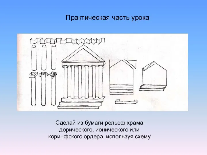 Практическая часть урока Сделай из бумаги рельеф храма дорического, ионического или коринфского ордера, используя схему