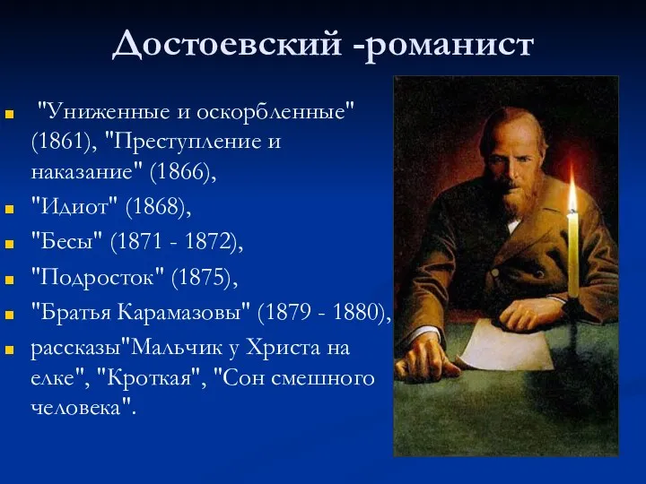 Достоевский -романист "Униженные и оскорбленные" (1861), "Преступление и наказание" (1866), "Идиот"