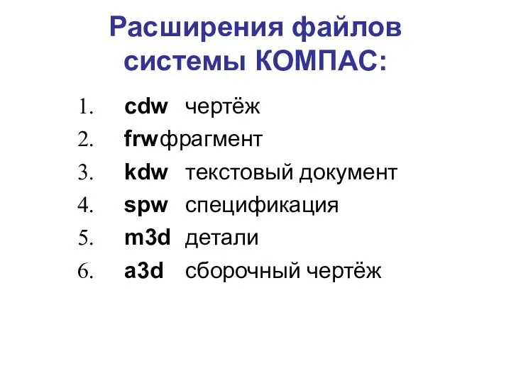 Расширения файлов системы КОМПАС: cdw чертёж frw фрагмент kdw текстовый документ