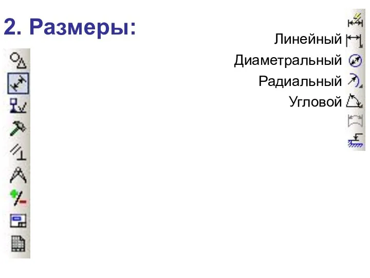 2. Размеры: Линейный Диаметральный Радиальный Угловой