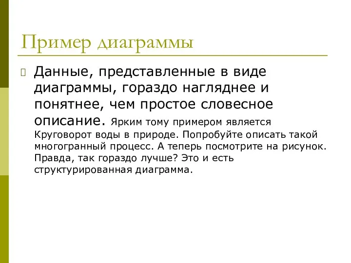 Пример диаграммы Данные, представленные в виде диаграммы, гораздо нагляднее и понятнее,