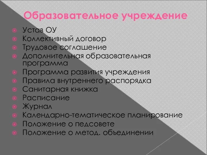 Образовательное учреждение Устав ОУ Коллективный договор Трудовое соглашение Дополнительная образовательная программа