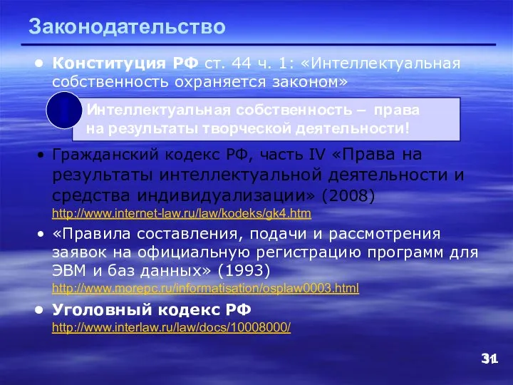 Законодательство Конституция РФ ст. 44 ч. 1: «Интеллектуальная собственность охраняется законом»