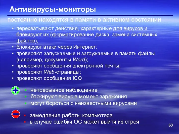 Антивирусы-мониторы постоянно находятся в памяти в активном состоянии непрерывное наблюдение блокируют