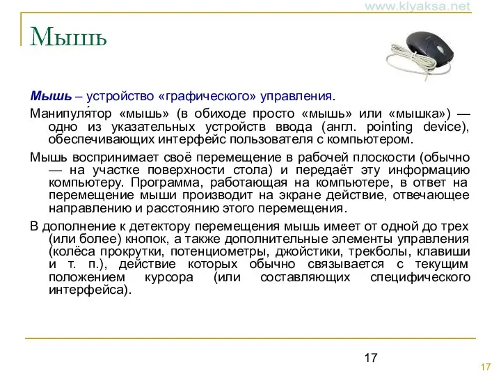 Мышь Мышь – устройство «графического» управления. Манипуля́тор «мышь» (в обиходе просто