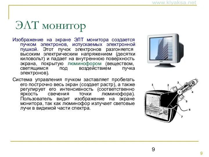 ЭЛТ монитор Изображение на экране ЭЛТ монитора создается пучком электронов, испускаемых