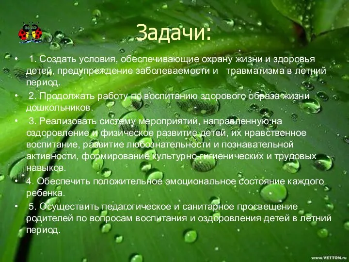 Задачи: 1. Создать условия, обеспечивающие охрану жизни и здоровья детей, предупреждение