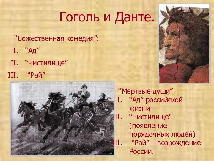 Гоголь и Данте. “Божественная комедия”: “Ад” “Чистилище” “Рай” “Мертвые души” “Ад”