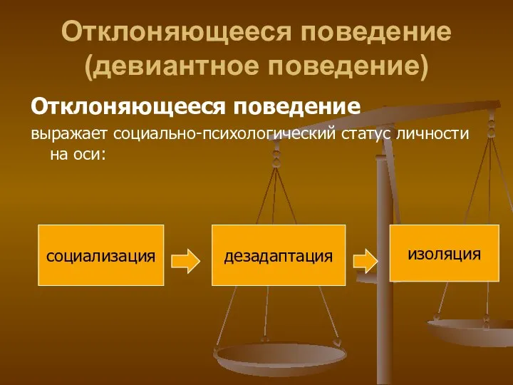 Отклоняющееся поведение (девиантное поведение) Отклоняющееся поведение выражает социально-психологический статус личности на оси: социализация дезадаптация изоляция