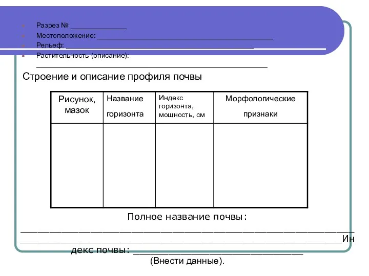 Разрез № ______________ Местоположение: ____________________________________________ Рельеф: _______________________________________________ Растительность (описание): __________________________________________________________ Строение