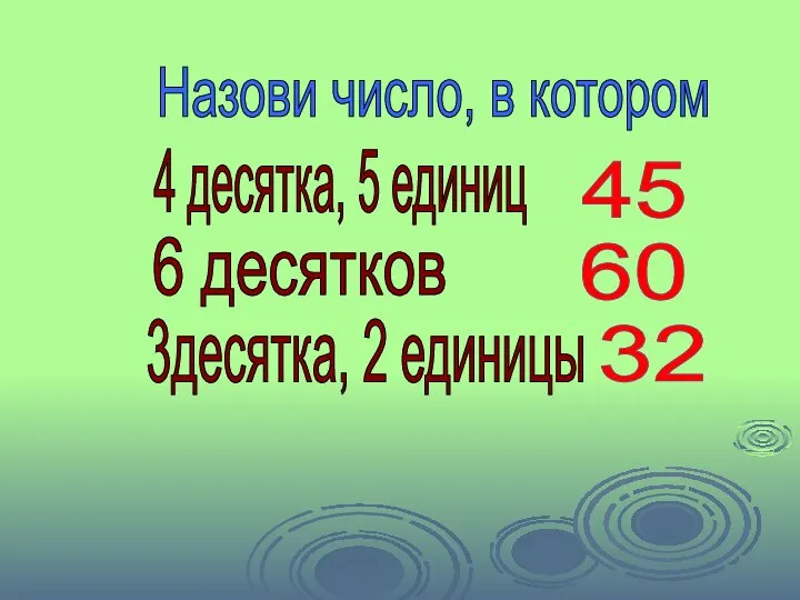 Назови число, в котором 4 десятка, 5 единиц 6 десятков 3десятка, 2 единицы 45 60 32