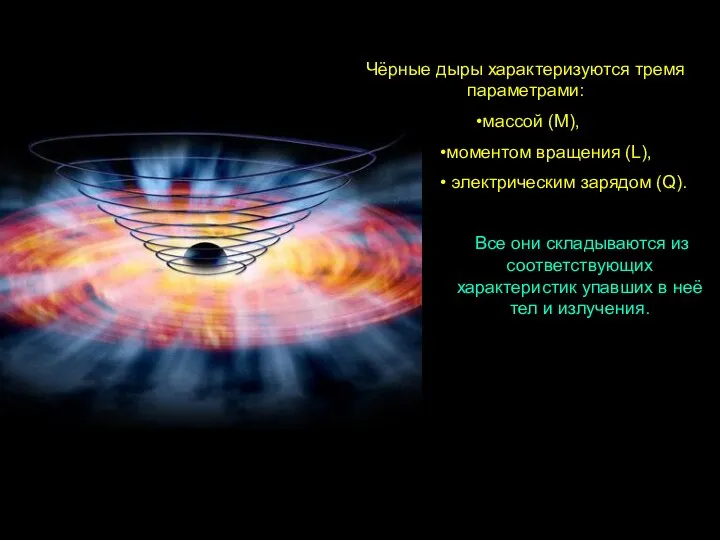 Чёрные дыры характеризуются тремя параметрами: массой (M), моментом вращения (L), электрическим