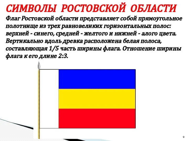 СИМВОЛЫ РОСТОВСКОЙ ОБЛАСТИ Флаг Ростовской области представляет собой прямоугольное полотнище из