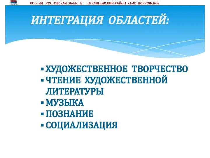 ХУДОЖЕСТВЕННОЕ ТВОРЧЕСТВО ЧТЕНИЕ ХУДОЖЕСТВЕННОЙ ЛИТЕРАТУРЫ МУЗЫКА ПОЗНАНИЕ СОЦИАЛИЗАЦИЯ ИНТЕГРАЦИЯ ОБЛАСТЕЙ: