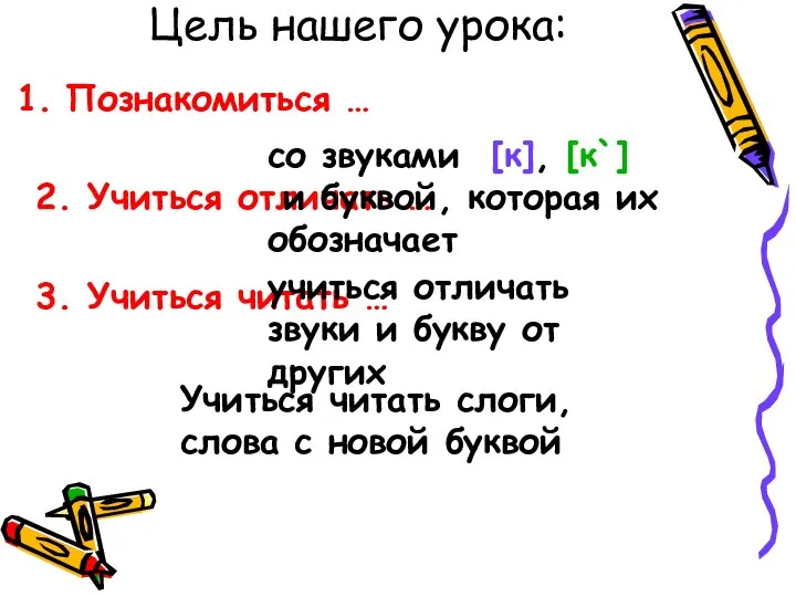 Цель нашего урока: Познакомиться … 2. Учиться отличать … 3. Учиться