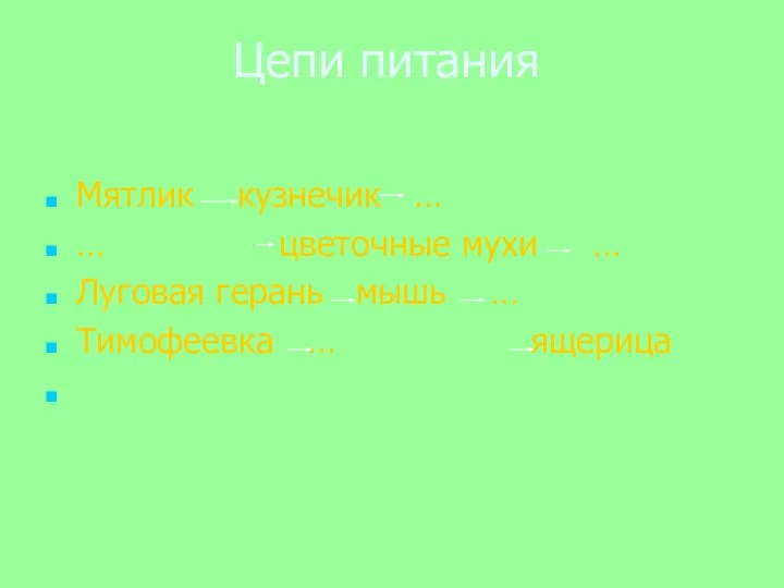 Цепи питания Мятлик кузнечик … … цветочные мухи … Луговая герань мышь … Тимофеевка … ящерица