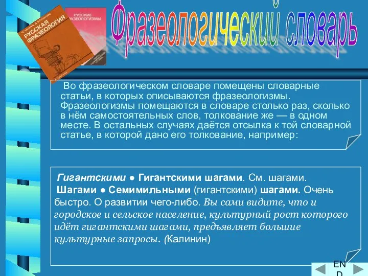 Во фразеологическом словаре помещены словарные статьи, в которых описываются фразеологизмы. Фразеологизмы