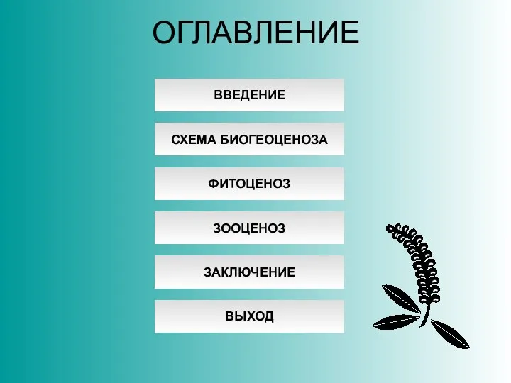 ОГЛАВЛЕНИЕ ЗАКЛЮЧЕНИЕ ЗООЦЕНОЗ ФИТОЦЕНОЗ СХЕМА БИОГЕОЦЕНОЗА ВВЕДЕНИЕ ВЫХОД