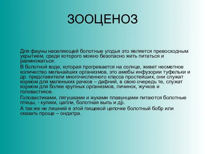 ЗООЦЕНОЗ Для фауны населяющей болотные угодья это является превосходным укрытием, среди