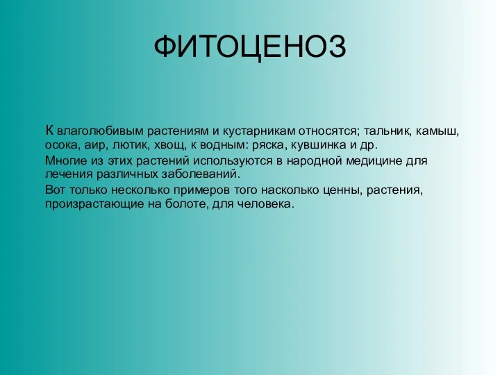 ФИТОЦЕНОЗ К влаголюбивым растениям и кустарникам относятся; тальник, камыш, осока, аир,