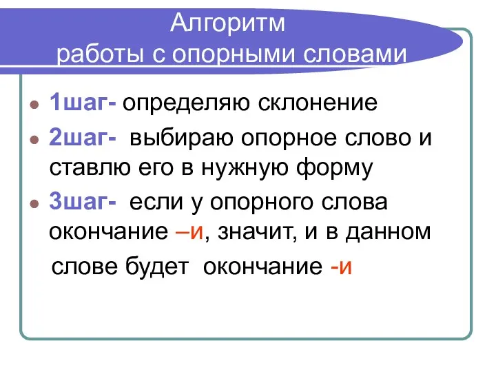 Алгоритм работы с опорными словами 1шаг- определяю склонение 2шаг- выбираю опорное