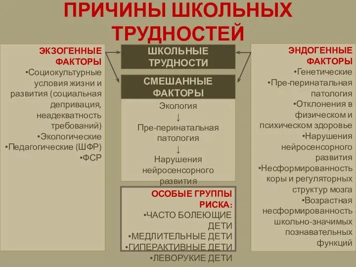 ПРИЧИНЫ ШКОЛЬНЫХ ТРУДНОСТЕЙ ЭКЗОГЕННЫЕ ФАКТОРЫ Социокультурные условия жизни и развития (социальная