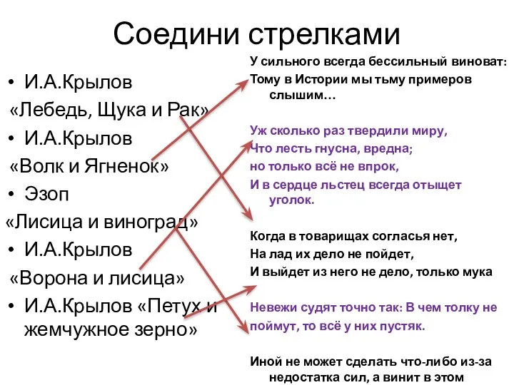 Соедини стрелками И.А.Крылов «Лебедь, Щука и Рак» И.А.Крылов «Волк и Ягненок»