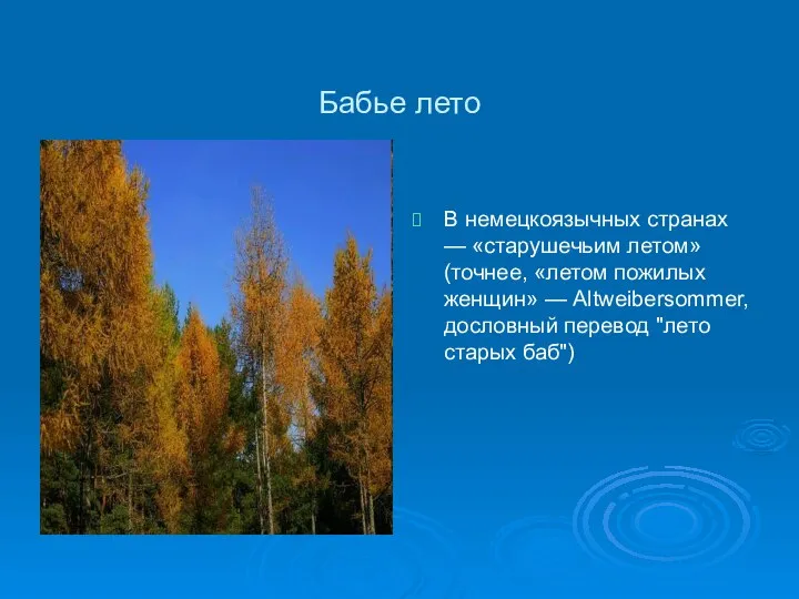 Бабье лето В немецкоязычных странах — «старушечьим летом» (точнее, «летом пожилых