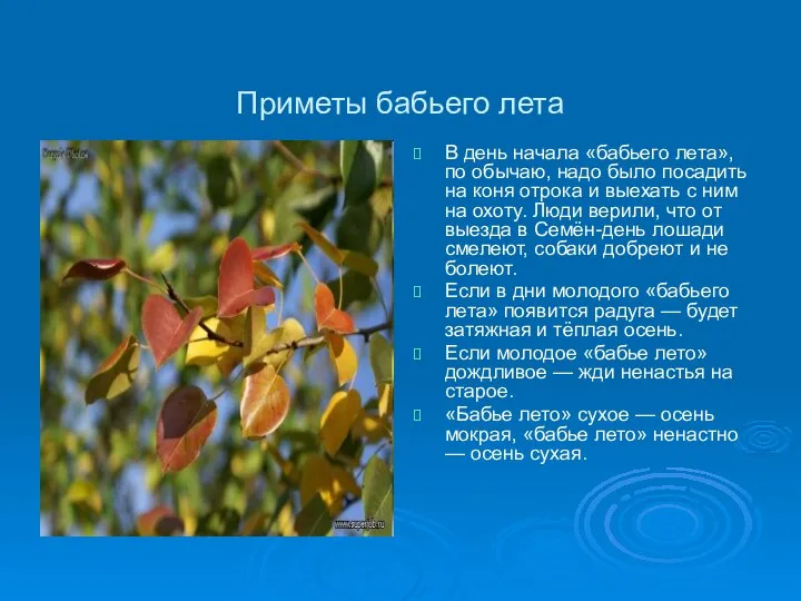 Приметы бабьего лета В день начала «бабьего лета», по обычаю, надо