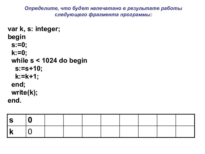 var k, s: integer; begin s:=0; k:=0; while s s:=s+10; k:=k+1;