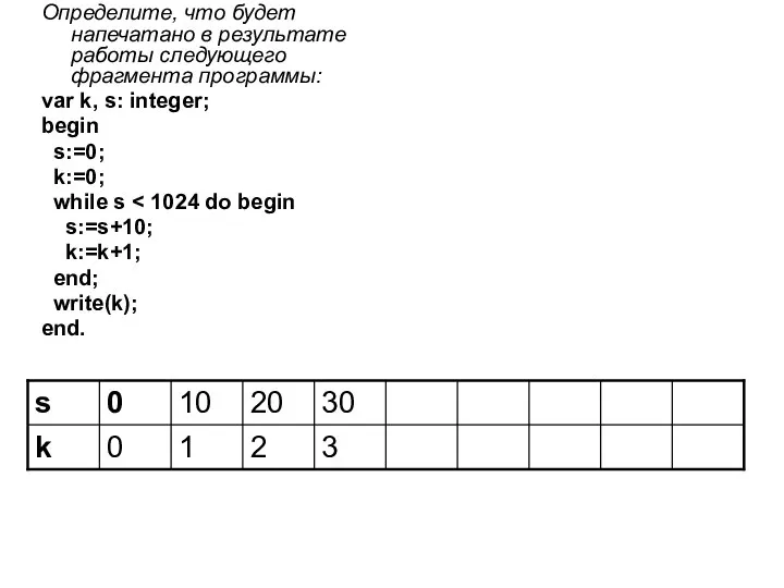 Определите, что будет напечатано в результате работы следующего фрагмента программы: var