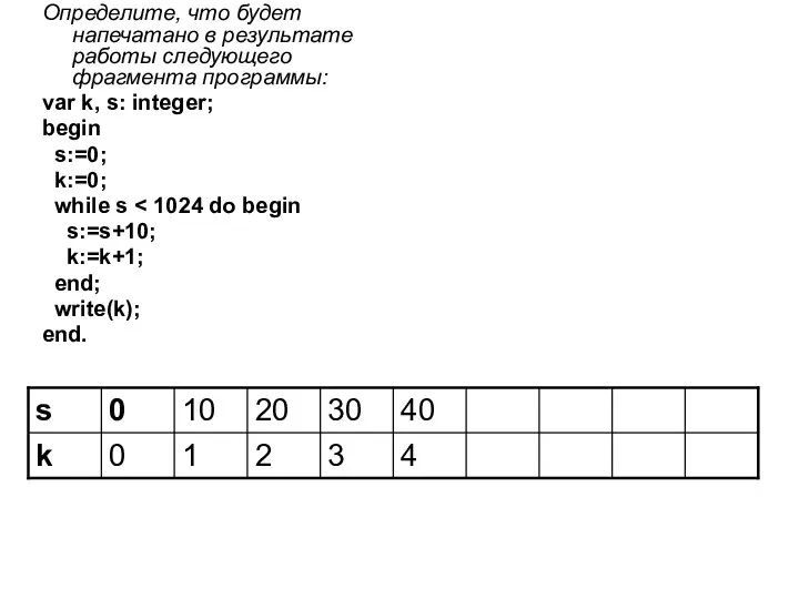 Определите, что будет напечатано в результате работы следующего фрагмента программы: var